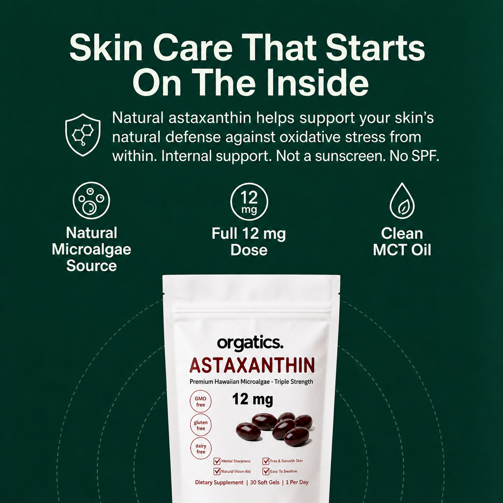 ORGATICS ASTAXANTHIN 12MG - FOR SKIN FROM THE INSIDE / "INTERNAL SUNSCREEN" SUPPORT
