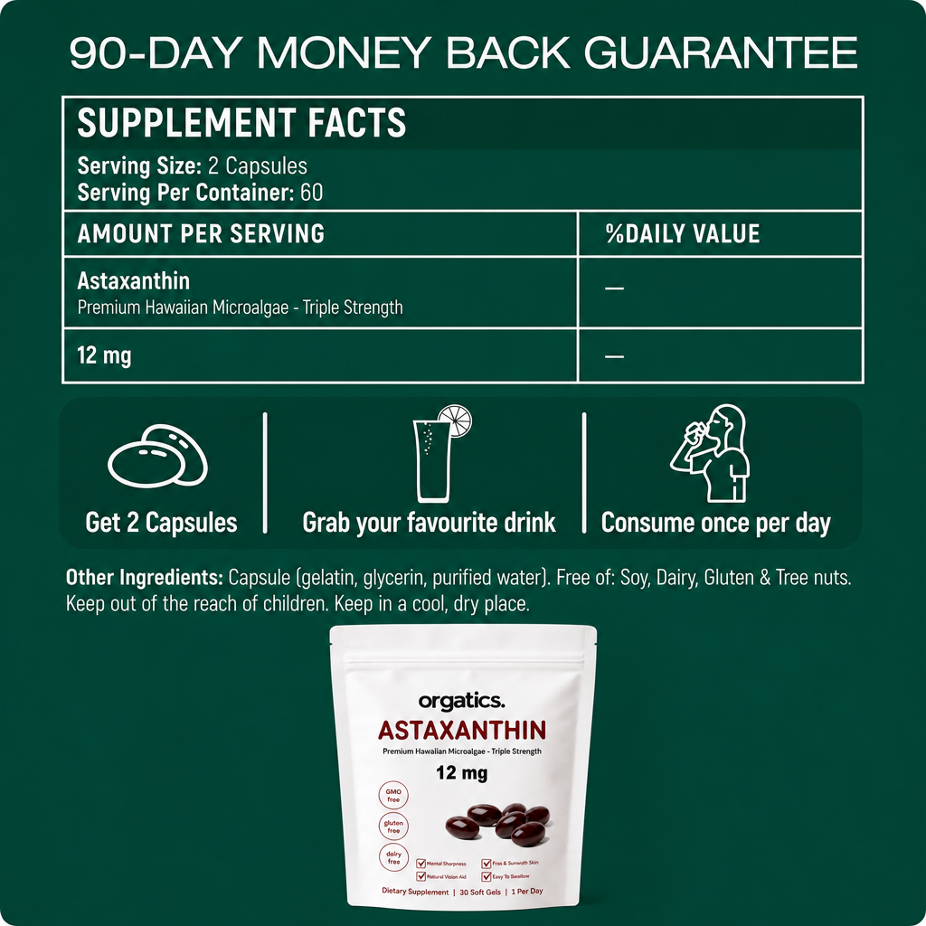 ORGATICS ASTAXANTHIN 12MG - FOR SKIN FROM THE INSIDE / "INTERNAL SUNSCREEN" SUPPORT